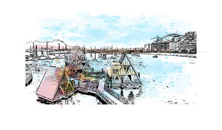 Building view with landmark of Mindelo is the city in Cape Verde. Watercolor splash with hand drawn sketch illustration in vector.のイラスト素材