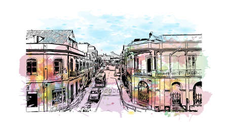 Building view with landmark of Mindelo is the city in Cape Verde. Watercolor splash with hand drawn sketch illustration in vector.のイラスト素材