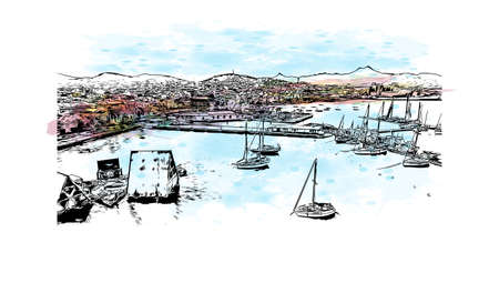 Building view with landmark of Mindelo is the city in Cape Verde. Watercolor splash with hand drawn sketch illustration in vector.のイラスト素材