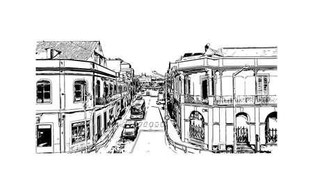Building view with landmark of Mindelo is the 
city  Cape Verde. Hand drawn sketch illustration in vector.のイラスト素材