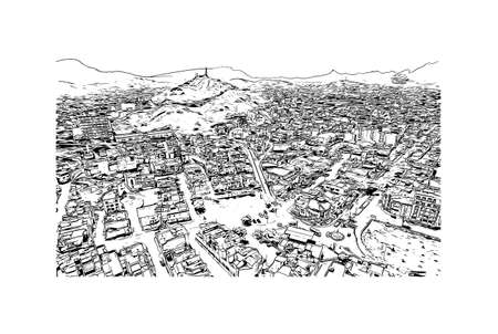Building view with landmark of Mindelo is the 
city  Cape Verde. Hand drawn sketch illustration in vector.のイラスト素材