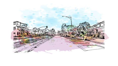 Building view with landmark of Mountain View is the 
city in California. Watercolor splash with hand drawn sketch illustration in vector.のイラスト素材