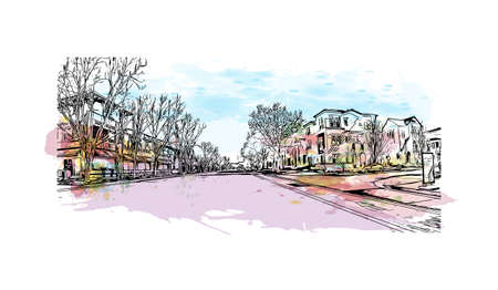 Building view with landmark of Mountain View is the 
city in California. Watercolor splash with hand drawn sketch illustration in vector.のイラスト素材