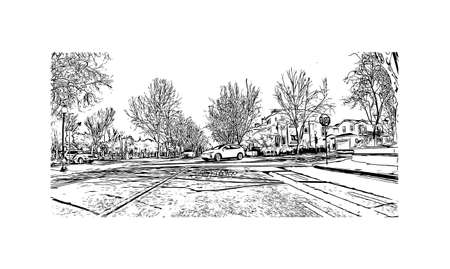 Building view with landmark of Mountain View is the 
city in California. Hand drawn sketch illustration in vector.のイラスト素材