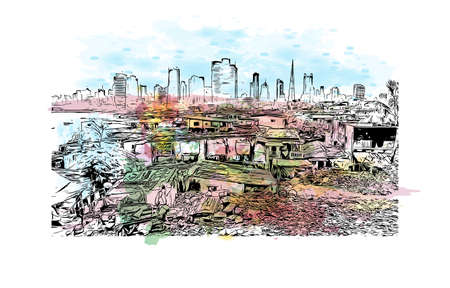 Building view with landmark of Mumbai is the 
city in India. Watercolor splash with hand drawn sketch illustration in vector.のイラスト素材