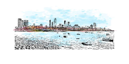 Building view with landmark of Mumbai is the 
city in India. Watercolor splash with hand drawn sketch illustration in vector.のイラスト素材