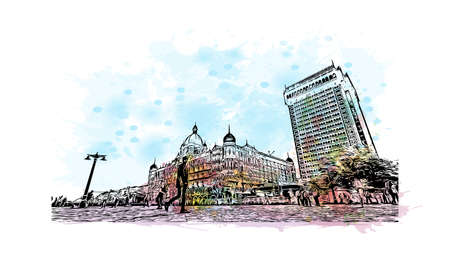 Building view with landmark of Mumbai is the 
city in India. Watercolor splash with hand drawn sketch illustration in vector.のイラスト素材