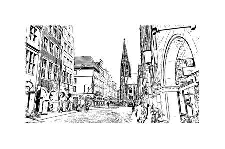 Building view with landmark of Munster is a city in western Germany. Hand drawn sketch illustration in vector.のイラスト素材