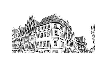Building view with landmark of Munster is a city in western Germany. Hand drawn sketch illustration in vector.のイラスト素材