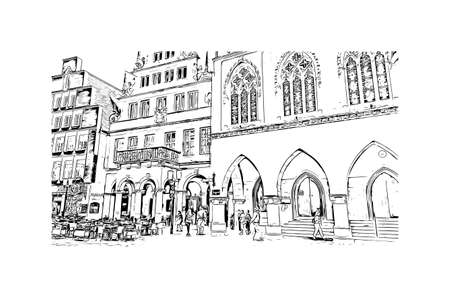 Building view with landmark of Munster is a city in western Germany. Hand drawn sketch illustration in vector.のイラスト素材