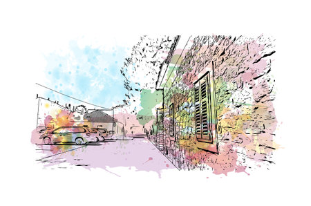 Building view with landmark of Murter is the Island in Croatia. Watercolor splash with hand drawn sketch illustration in vector.のイラスト素材