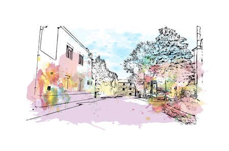 Building view with landmark of Murter is the Island in Croatia. Watercolor splash with hand drawn sketch illustration in vector.のイラスト素材