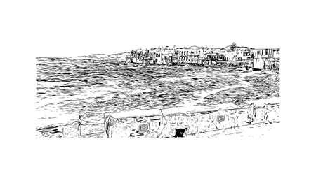 Building view with landmark of Mykonos is the island in Greece. Hand drawn sketch illustration in vector.のイラスト素材