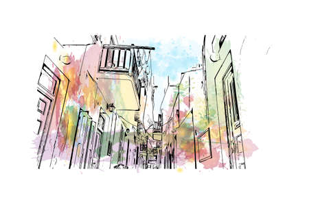 Building view with landmark of Mykonos is the 
island in Greece. Watercolor splash with hand drawn sketch illustration in vector.のイラスト素材