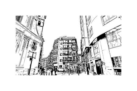 Building view with landmark of Murcia is the 
city in Spain. Hand drawn sketch illustration in vector.のイラスト素材