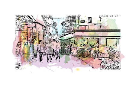 Building view with landmark of Nafplio is the 
city in Greece. Watercolor splash with hand drawn sketch illustration in vector.のイラスト素材