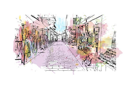 Building view with landmark of Nafplio is the 
city in Greece. Watercolor splash with hand drawn sketch illustration in vector.のイラスト素材