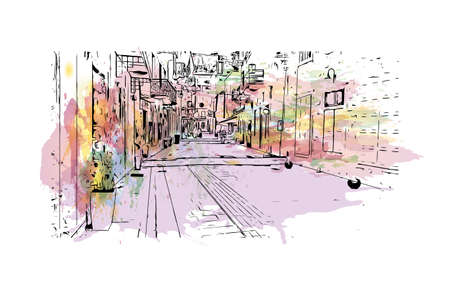Building view with landmark of Nafplio is the 
city in Greece. Watercolor splash with hand drawn sketch illustration in vector.のイラスト素材