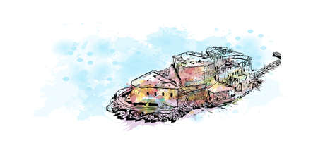 Building view with landmark of Nafplio is the 
city in Greece. Watercolor splash with hand drawn sketch illustration in vector.のイラスト素材