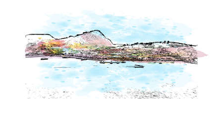 Building view with landmark of Nafplio is the 
city in Greece. Watercolor splash with hand drawn sketch illustration in vector.のイラスト素材