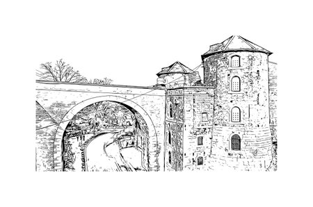 Building view with landmark of Namur is the 
city in Belgium. Hand drawn sketch illustration in vector.のイラスト素材
