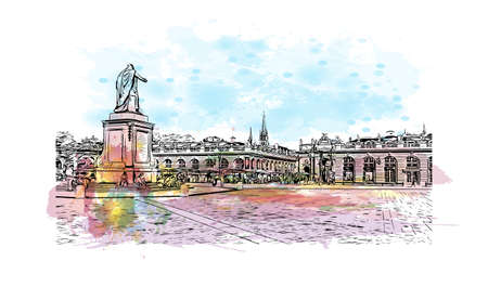 Building view with landmark of Nancy is the city in France. Watercolor splash with hand drawn sketch illustration in vector.のイラスト素材