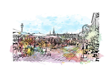 Building view with landmark of Nancy is the city in France. Watercolor splash with hand drawn sketch illustration in vector.のイラスト素材