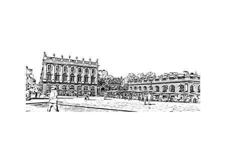 Building view with landmark of Nancy is the 
city in France. Hand drawn sketch illustration in vector.のイラスト素材