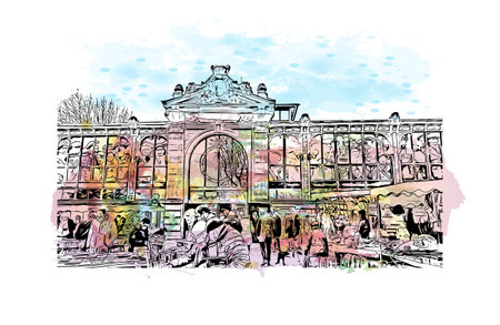 Building view with landmark of Narbonne is the 
commune in France. Watercolor splash with hand drawn sketch illustration in vector.のイラスト素材
