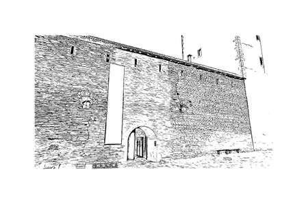 Building view with landmark of Narva is a municipality and city in Estonia. Hand drawn sketch illustration in vector.のイラスト素材