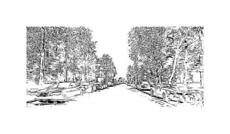 Building view with landmark of Narva is a municipality and city in Estonia. Hand drawn sketch illustration in vector.のイラスト素材