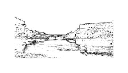 Building view with landmark of Narva is a municipality and city in Estonia. Hand drawn sketch illustration in vector.のイラスト素材