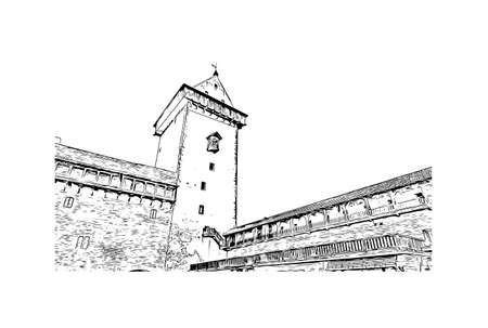 Building view with landmark of Narva is a municipality and city in Estonia. Hand drawn sketch illustration in vector.のイラスト素材