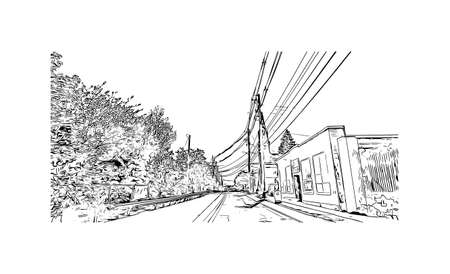 Building view with landmark of Nashua is a city in southern New Hampshire. Hand drawn sketch illustration in vector.のイラスト素材