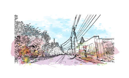 Building view with landmark of Nashua is a city in southern New Hampshire. Watercolor splash with hand drawn sketch illustration in vector.のイラスト素材