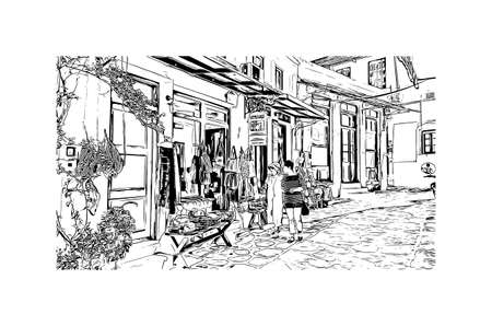 Building view with landmark of Naxos is the 
city in Greece. Hand drawn sketch illustration in vector.のイラスト素材