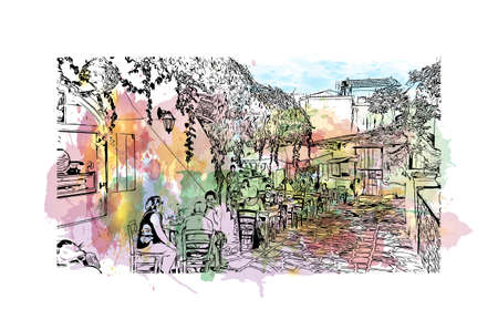 Building view with landmark of Naxos is the 
city in Greece. Watercolor splash with hand drawn sketch illustration in vector.のイラスト素材