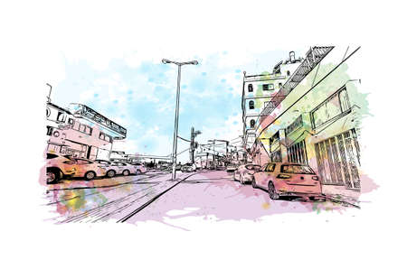 Building view with landmark of Nazareth is the 
city in Israel. Watercolor splash with hand drawn sketch illustration in vector.のイラスト素材