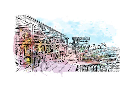 Building view with landmark of Negril is the 
town in Jamaica. Watercolor splash with hand drawn sketch illustration in vector.のイラスト素材