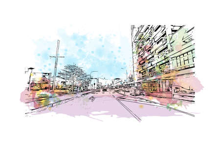Building view with landmark of Nelson is the 
city in New Zealand. Watercolor splash with hand drawn sketch illustration in vector.のイラスト素材