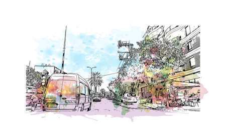 Building view with landmark of Netanya is the 
city in Israel. Watercolor splash with hand drawn sketch illustration in vector.のイラスト素材