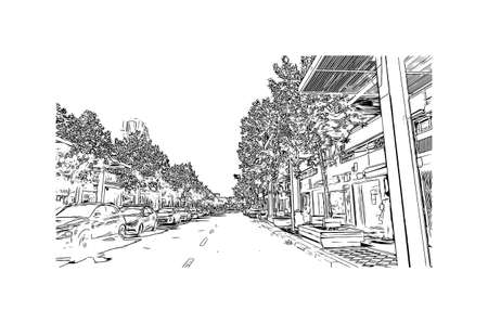 Building view with landmark of Netanya is the 
city in Israel.  Hand drawn sketch illustration in vector.のイラスト素材