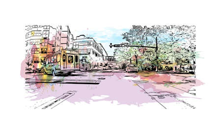 Building view with landmark of New Haven is the 
city in Connecticut. Watercolor splash with hand drawn sketch illustration in vector.のイラスト素材