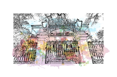 Building view with landmark of New Orleans is the 
city in Louisiana. Watercolor splash with hand drawn sketch illustration in vector.のイラスト素材