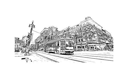 Building view with landmark of New Orleans is the 
city in Louisiana. Hand drawn sketch illustration in vector.のイラスト素材
