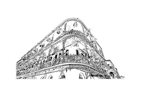 Building view with landmark of New Orleans is the 
city in Louisiana. Hand drawn sketch illustration in vector.のイラスト素材