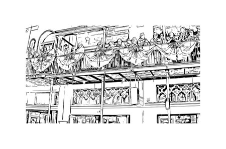 Building view with landmark of New Orleans is the 
city in Louisiana. Hand drawn sketch illustration in vector.のイラスト素材