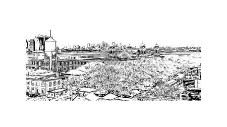 Building view with landmark of New York is the 
city in New York State. Hand drawn sketch illustration in vector.のイラスト素材