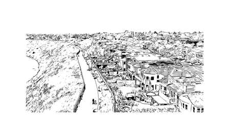 Building view with landmark of Newport Beach is the 
city in California. Hand drawn sketch illustration in vector.のイラスト素材