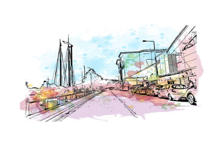 Building view with landmark of Newry is the 
city in Northern Ireland. Watercolor splash with hand drawn sketch illustration in vector.のイラスト素材